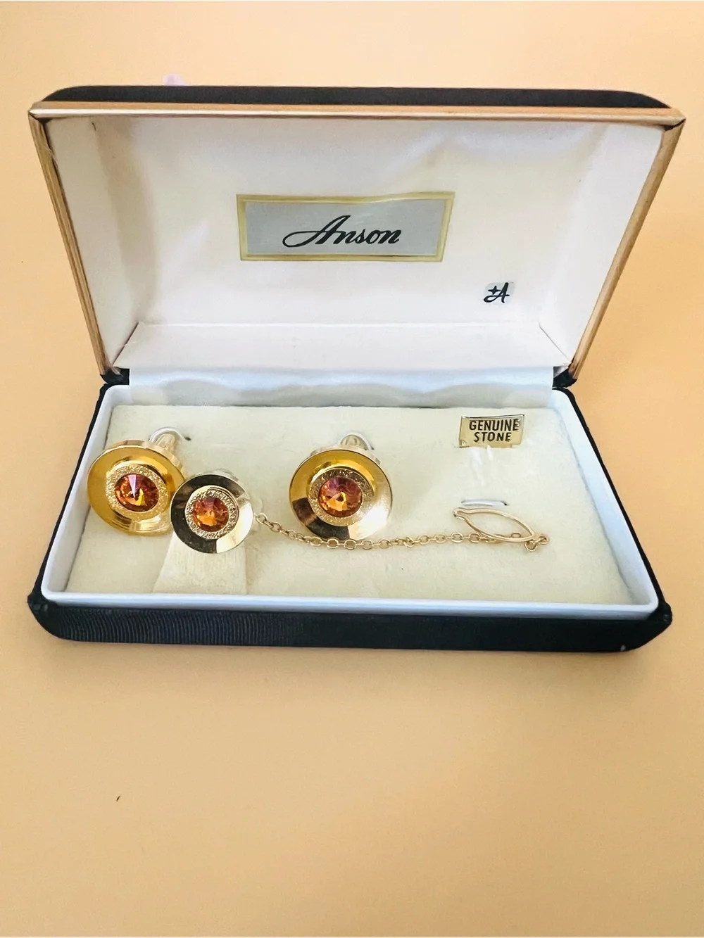 Anson Gold-Tone Cufflink & Tie Tack Set with Amber Stones